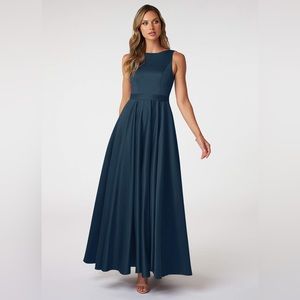 Azazie Jakayla A-Line Satin Floor-Length Dress with Belt Dark Navy (size A4)